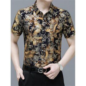Men's Plus Size Printed Button Up Short Sleeve Shirt